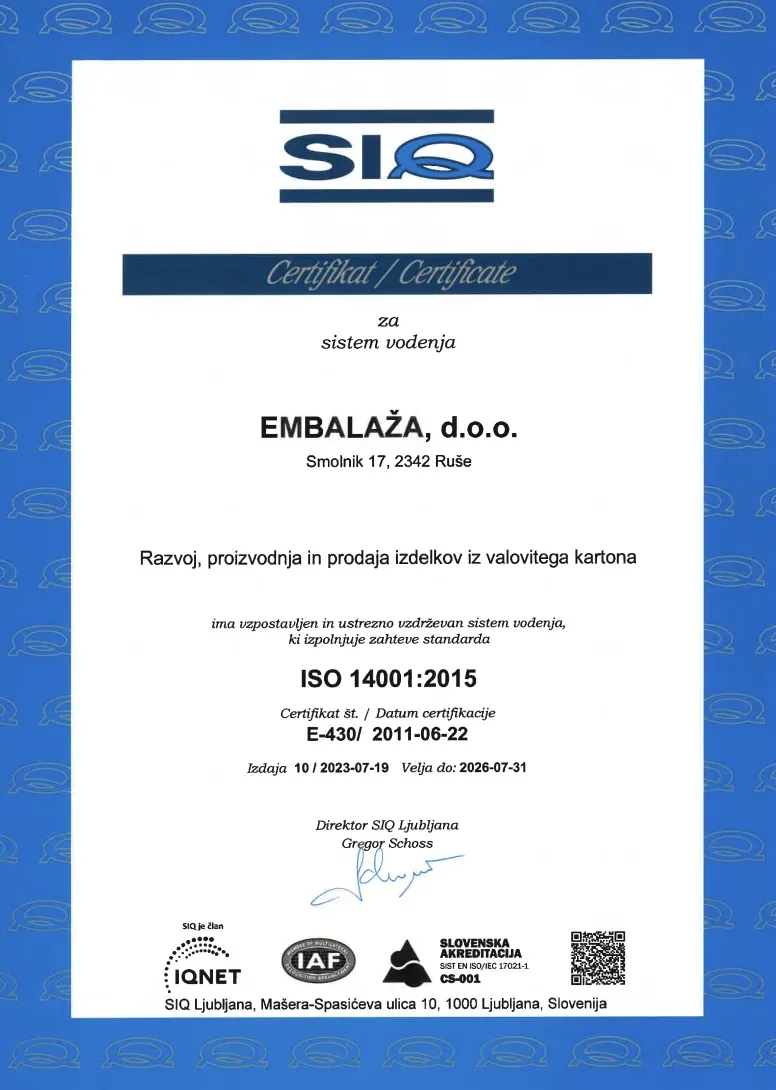 Certifikat SIQ ISO 14001:2015, št. E-430